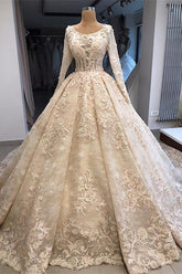 Vintage Champagne Ball Gown Lace Wedding Dress with Long Sleeves